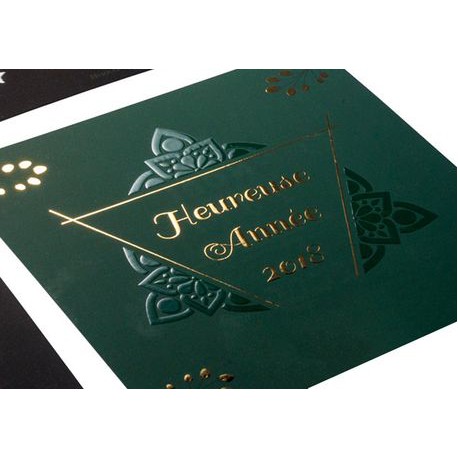 Carte postale 105x148mm pelliculé mat soft touch recto + doré Or + vernis sélectif 3D recto
